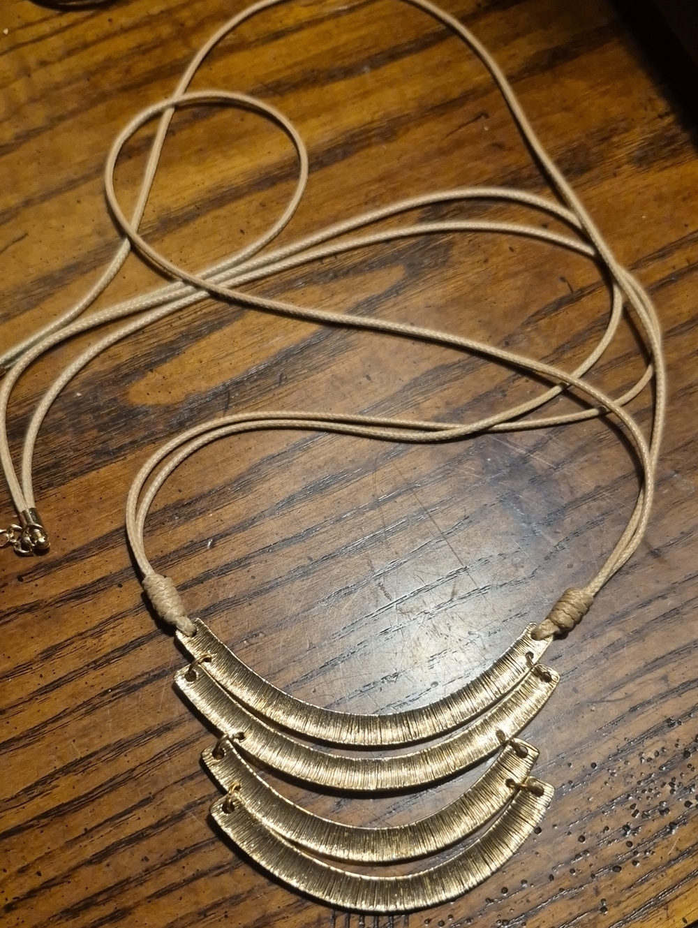 1946 Gold Tone Crescent Pendant Statement Necklace On Cord Reversible